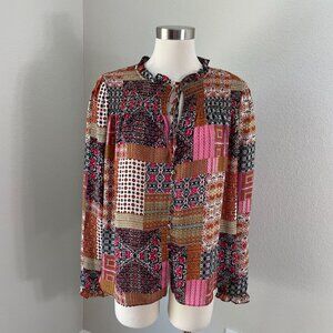 Rose & Olive Womens XL Multicolor Boho Patchwork Blouse Long Sleeve Shirt Top